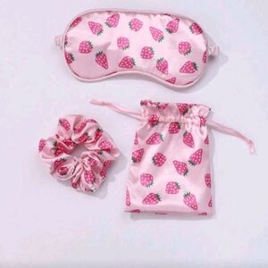 Charming Strawberry Print Sleep Mask Scrunchie And Pouch Satin Accessory Set